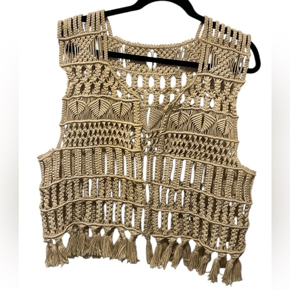 None Jackets & Blazers - Macrame tan boho crochet fringe vest one size